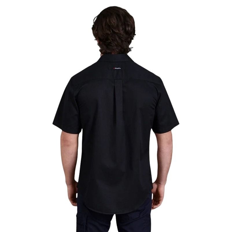 Person wearing a black short-sleeve shirt on a white background