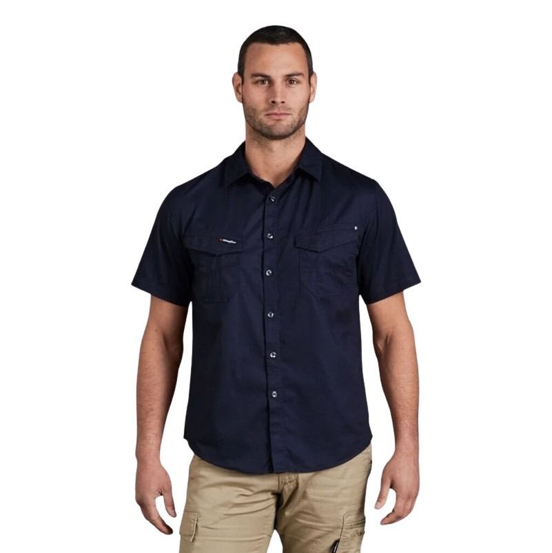 Man wearing a navy short-sleeve shirt on a white background