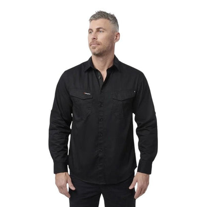Man wearing a black long-sleeve shirt with a brand logo on a white background