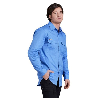 Man wearing a blue shirt on a white background