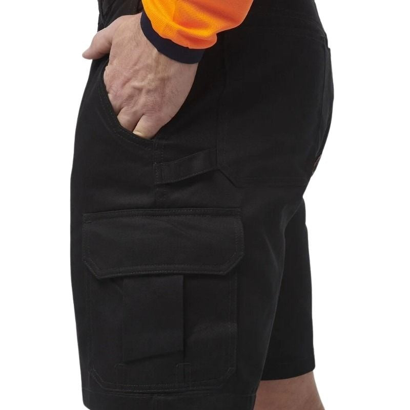 Black cargo shorts with a pocket on a white background