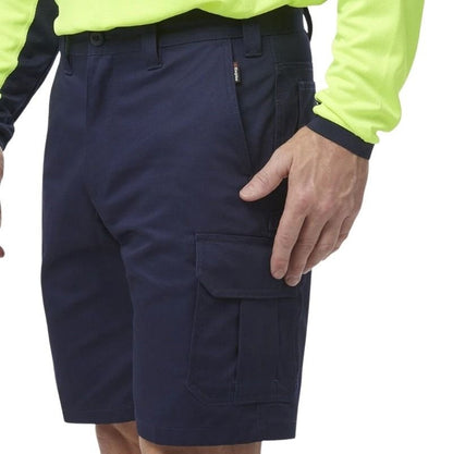 Navy cargo shorts worn by a person with a white background