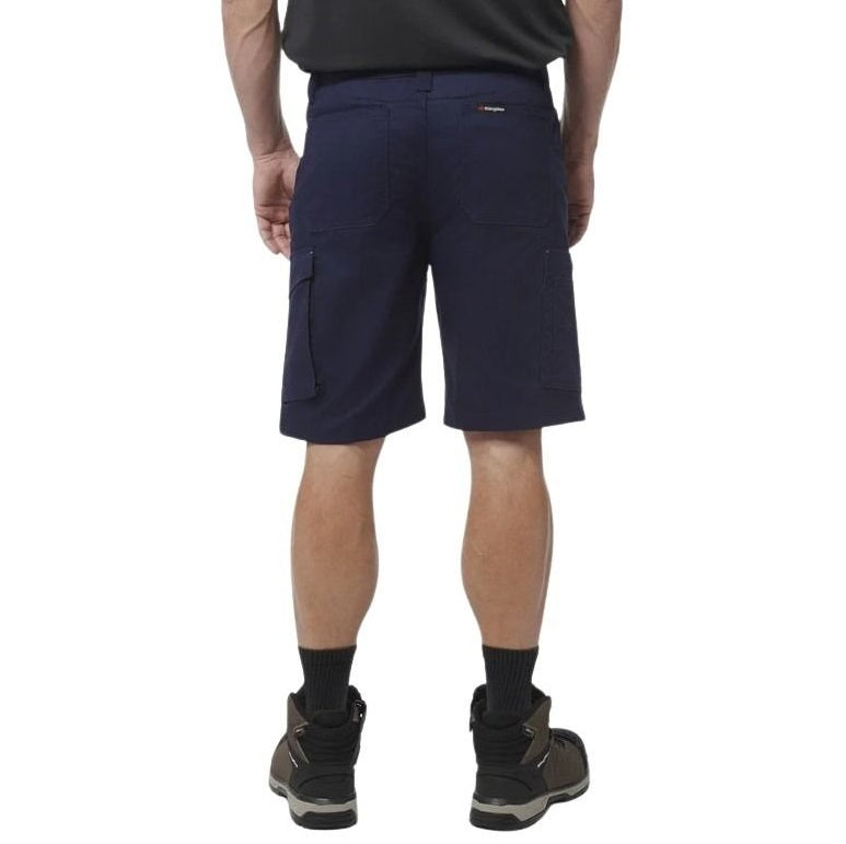 Navy cargo shorts worn by a person on a white background