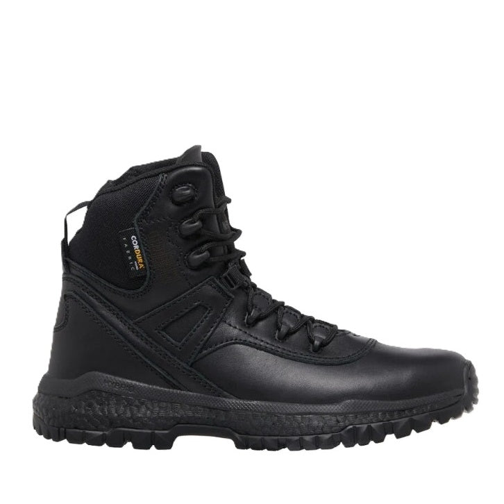 Black tactical boot with brand logo on a white background