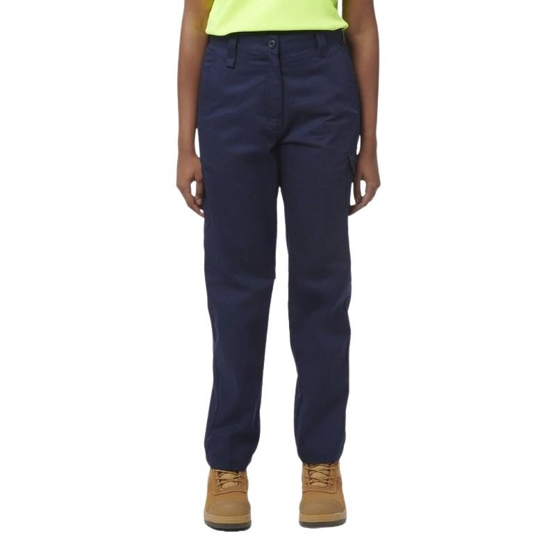 Navy pants worn by a person on a white background