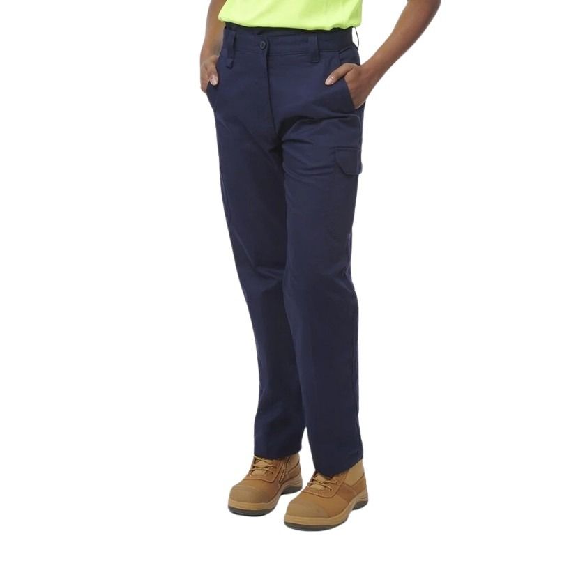 Navy blue pants worn by a person on a white background