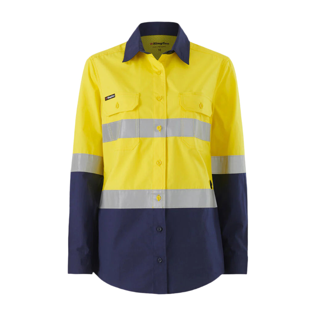 KingGee K44227 Womens Workcool Vented Spliced Shirt Taped Long Sleeve - Orange/Navy - Detail View