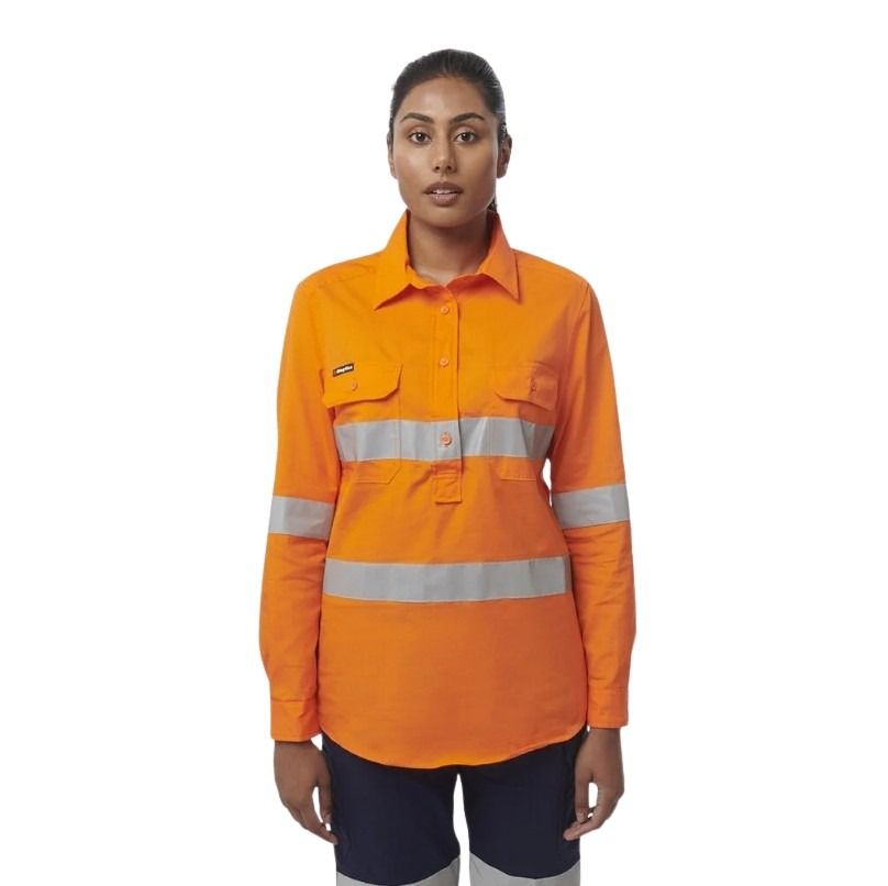 Person wearing an orange high-visibility work shirt on a white background