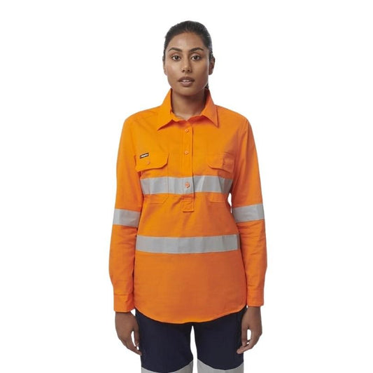 Person wearing an orange high-visibility work shirt on a white background