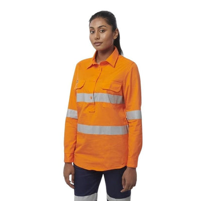 Person wearing an orange high-visibility work shirt on a white background