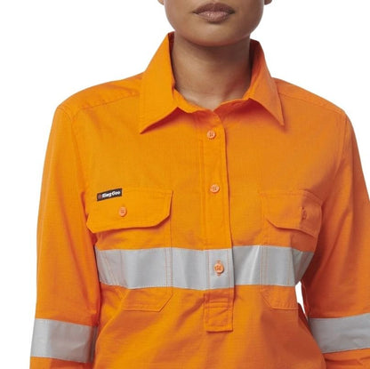Orange work shirt with reflective stripes on a white background