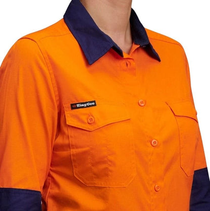 Orange work shirt with navy collar and King Gee logo on a white background