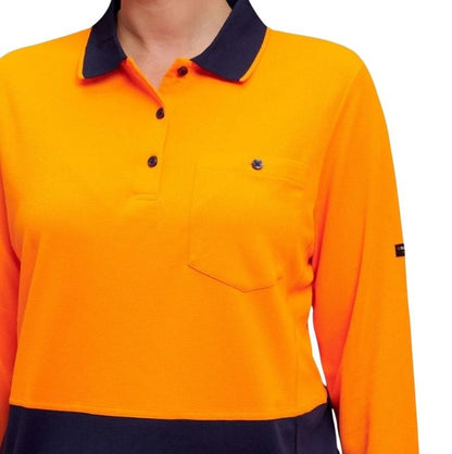 Orange long-sleeve polo shirt with navy collar and buttons on a white background