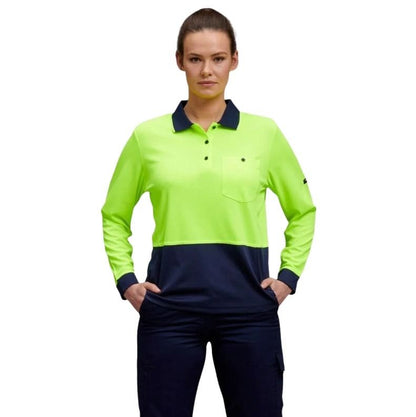 Person wearing a high-visibility yellow and navy long-sleeve shirt on a white background