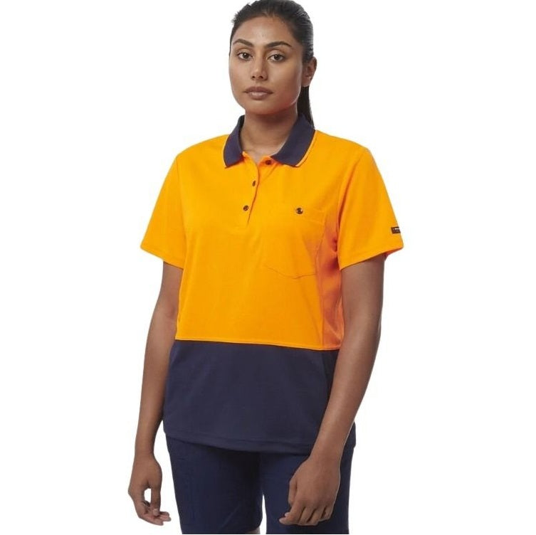Person wearing a yellow and navy polo shirt on a white background