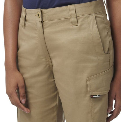 Beige cargo pants with a brand logo on a white background