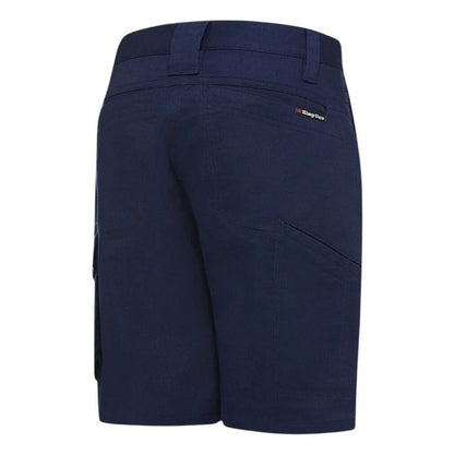 Navy blue shorts with a brand logo on a white background