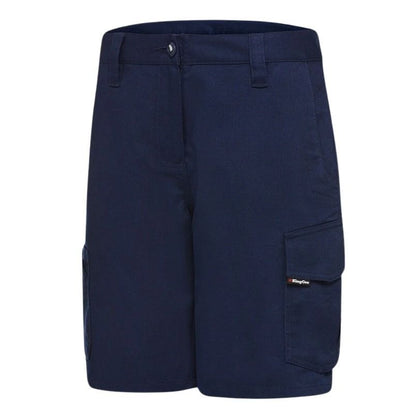 Navy blue shorts with a brand logo on a white background