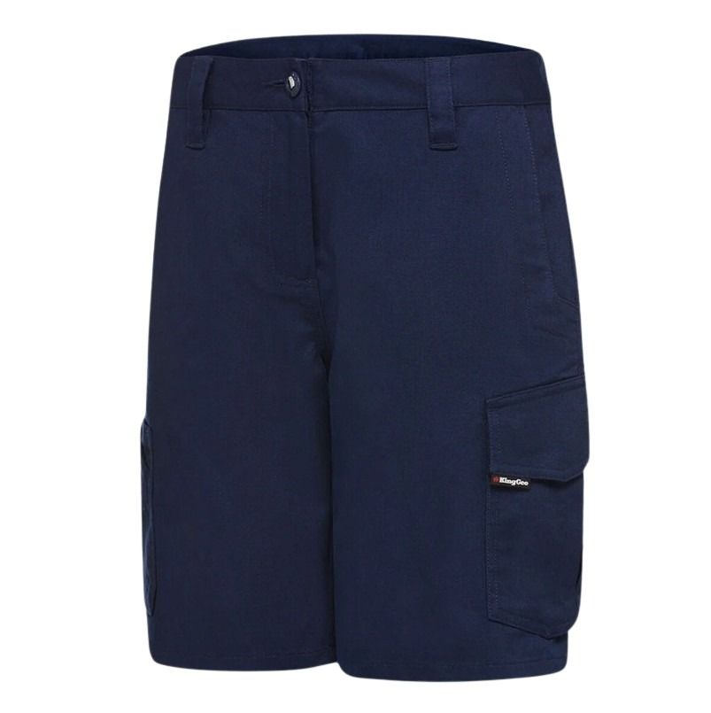 Navy blue shorts with a brand logo on a white background