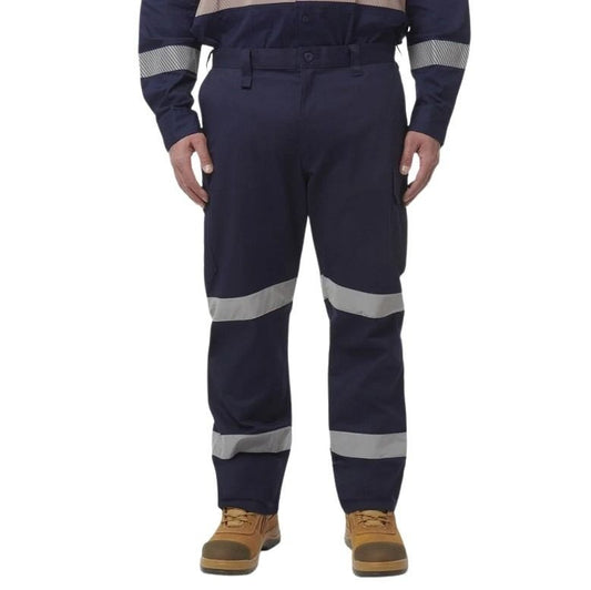 Navy work pants with reflective stripes worn by a person on a white background