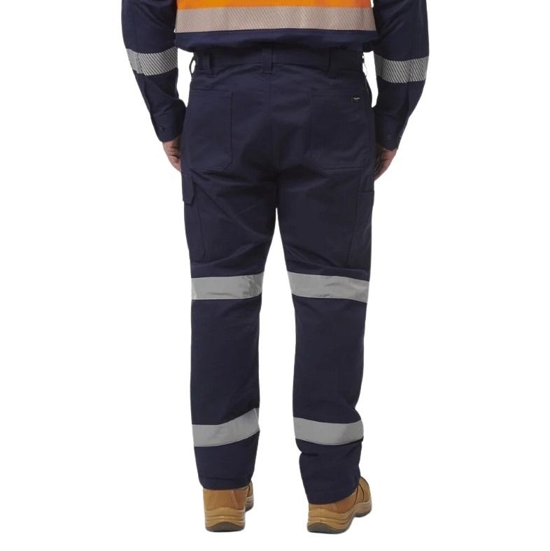 Navy work pants with reflective stripes on a white background