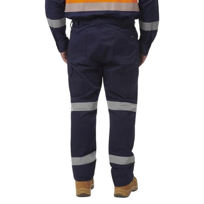 Navy work pants with reflective stripes on a white background