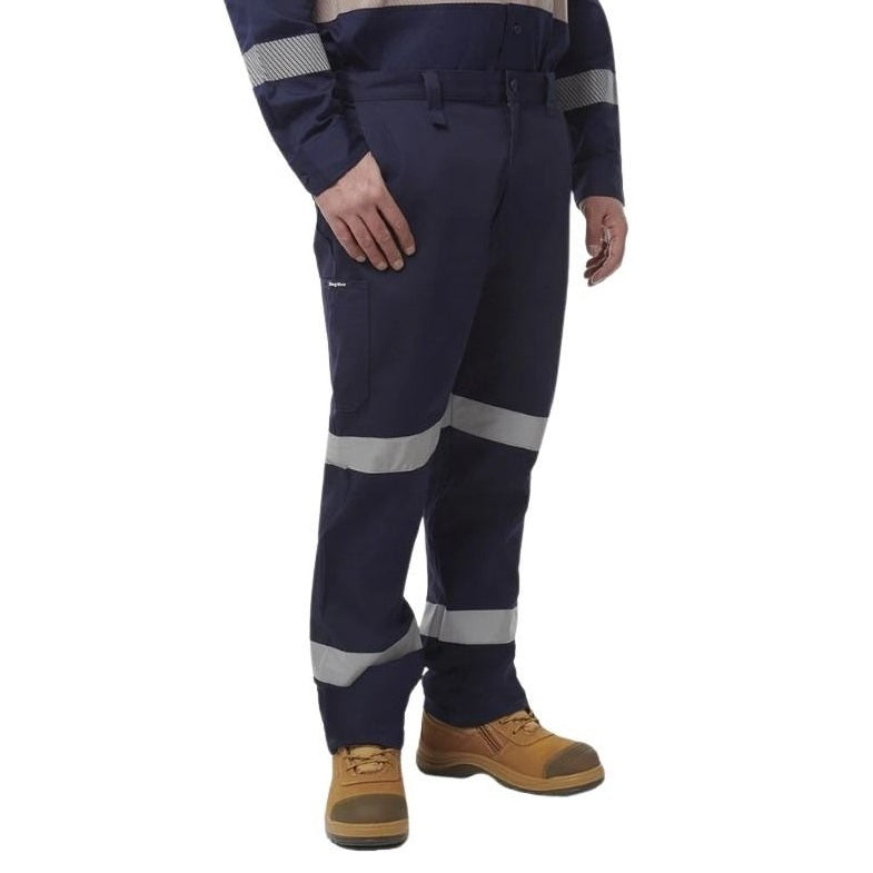 Navy work pants with reflective stripes on a white background
