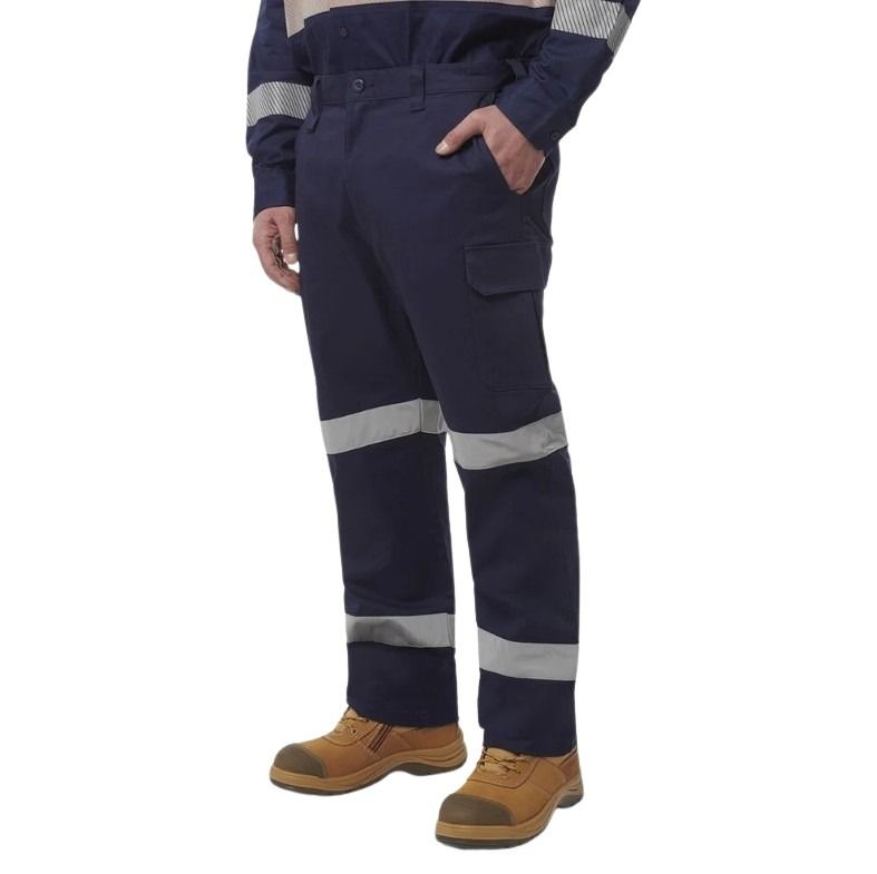 Navy work pants with reflective stripes worn by a person on a white background