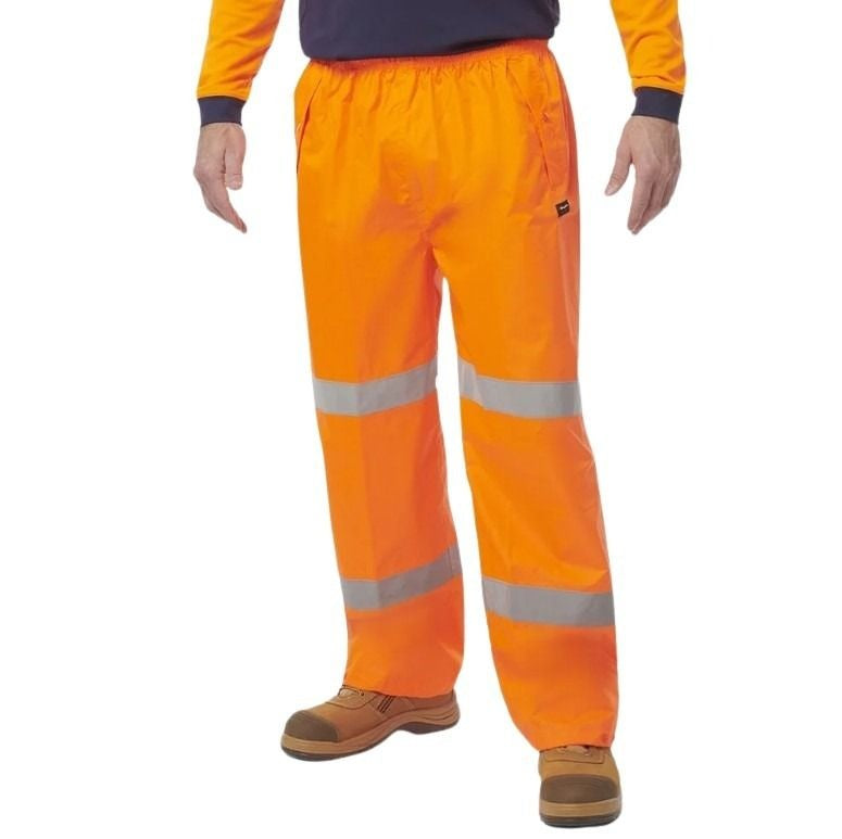 Orange high-visibility work pants with reflective stripes on a white background