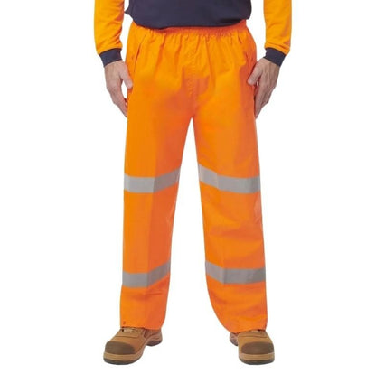 Orange high-visibility work pants with reflective stripes on a white background
