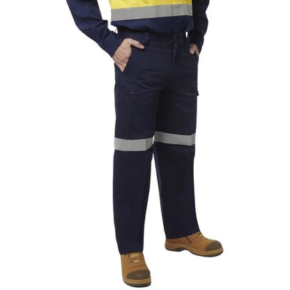 Navy work pants with reflective stripes worn by a person on a white background