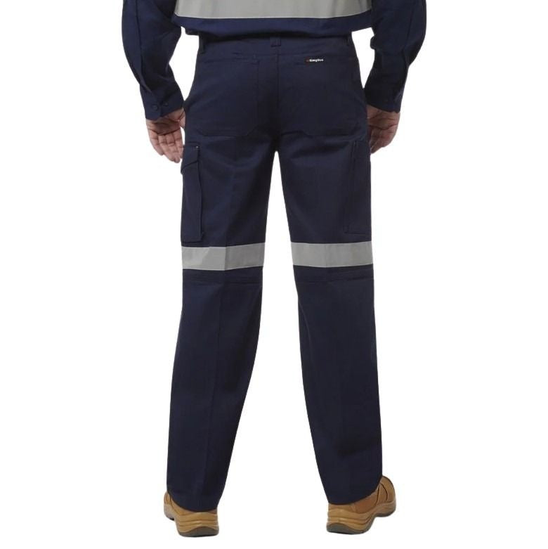 Navy work pants with reflective stripes on a white background