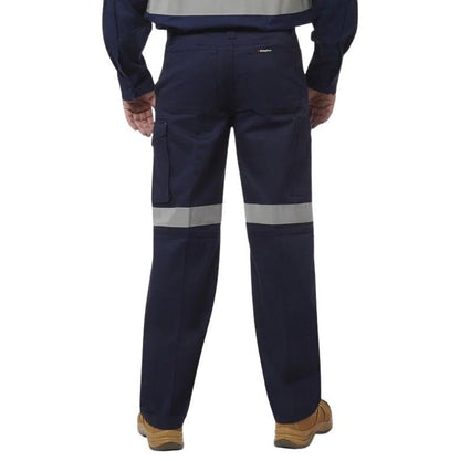 Navy work pants with reflective stripes on a white background