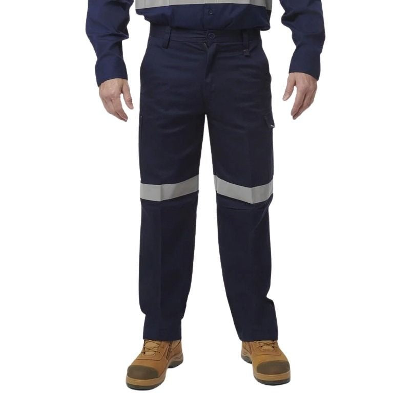 Navy work pants with reflective stripes on a white background