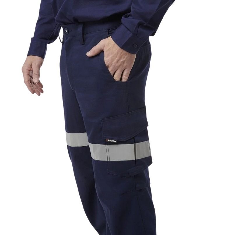 Navy pants with reflective tape on white background