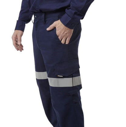 Navy pants with reflective tape on white background