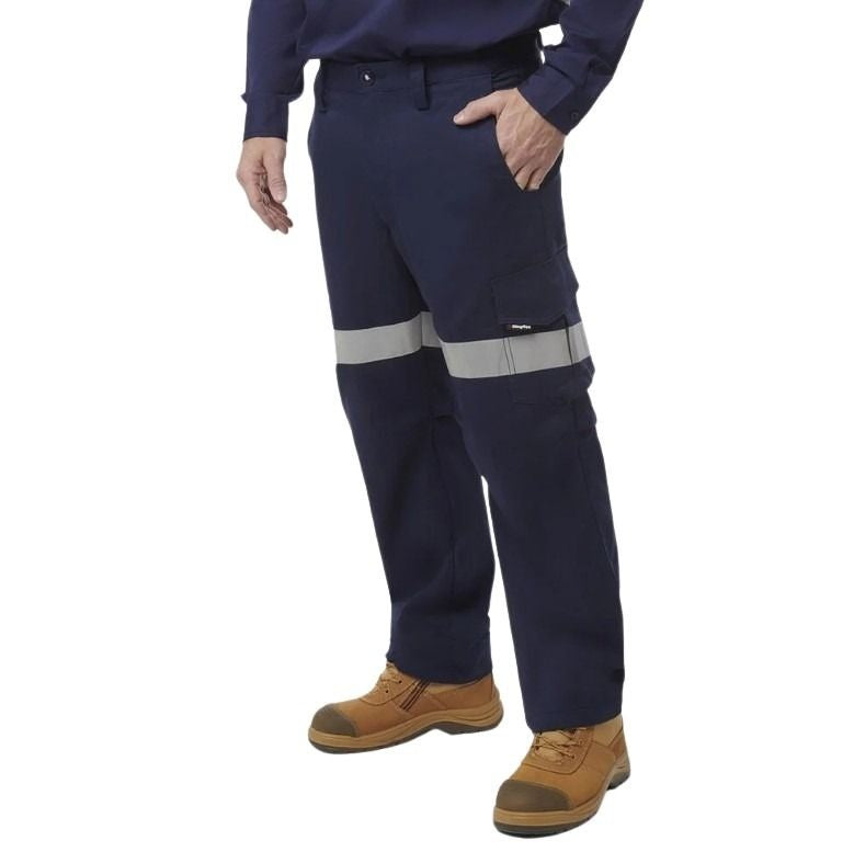 Navy pants with reflective tape on white background