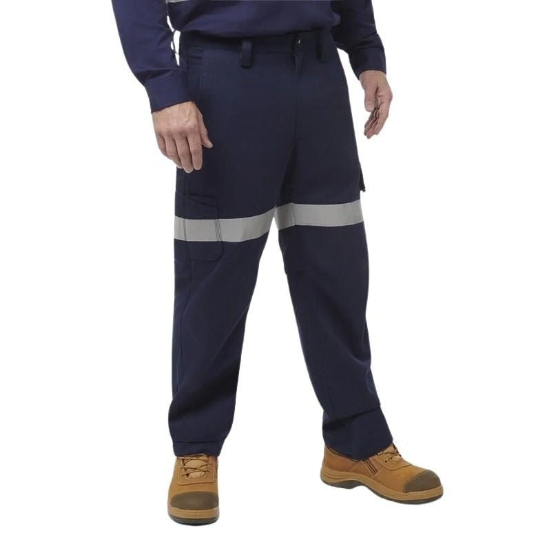 Navy pants with reflective tape on white background