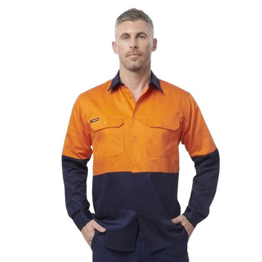 orange and navy spliced shirt on white background with two pockets