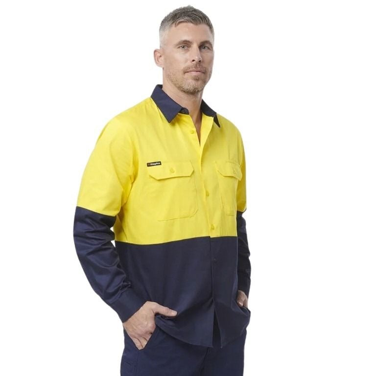 yellow and navy spliced shirt on white background with two pockets