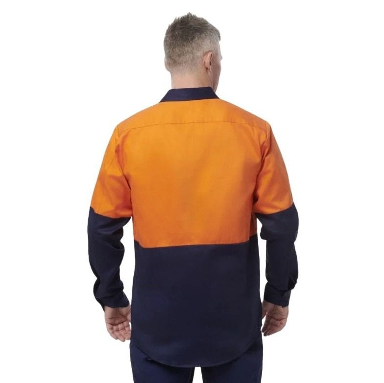 orange and navy spliced shirt on white background with two pockets