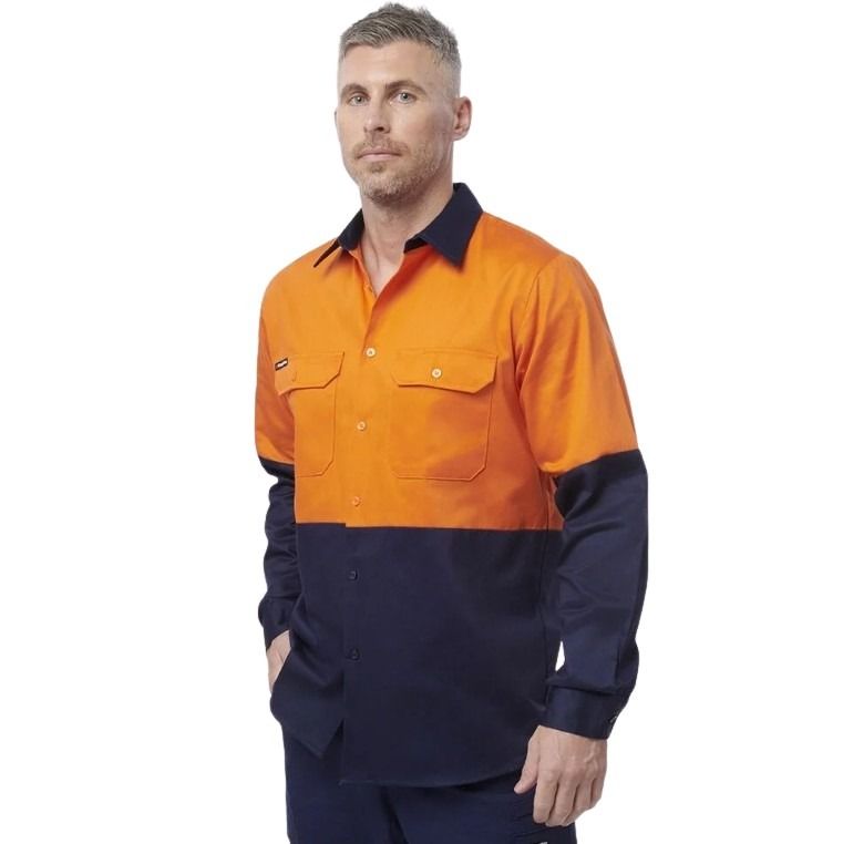 orange and navy spliced shirt on white background with two pockets