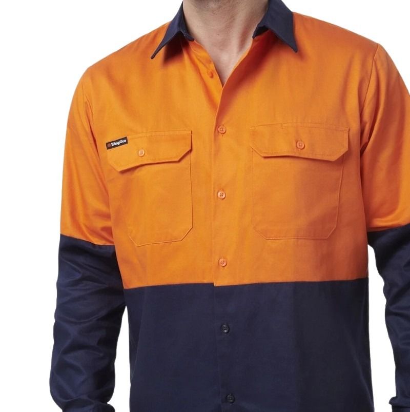 orange and navy spliced shirt on white background with two pockets