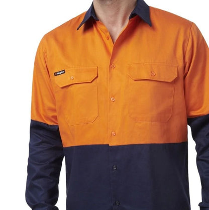 orange and navy spliced shirt on white background with two pockets