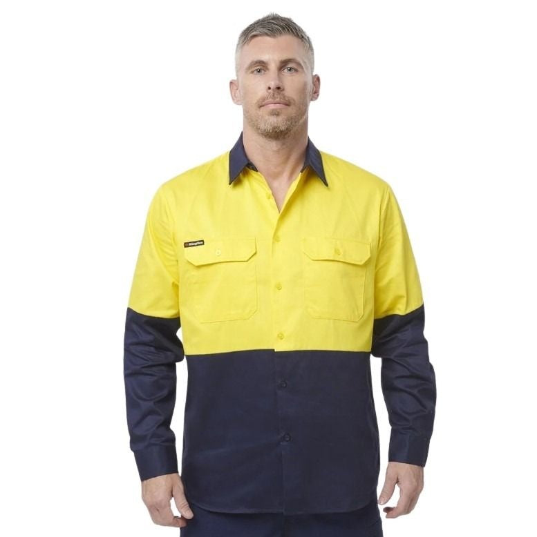 yellow and navy spliced shirt on white background with two pockets