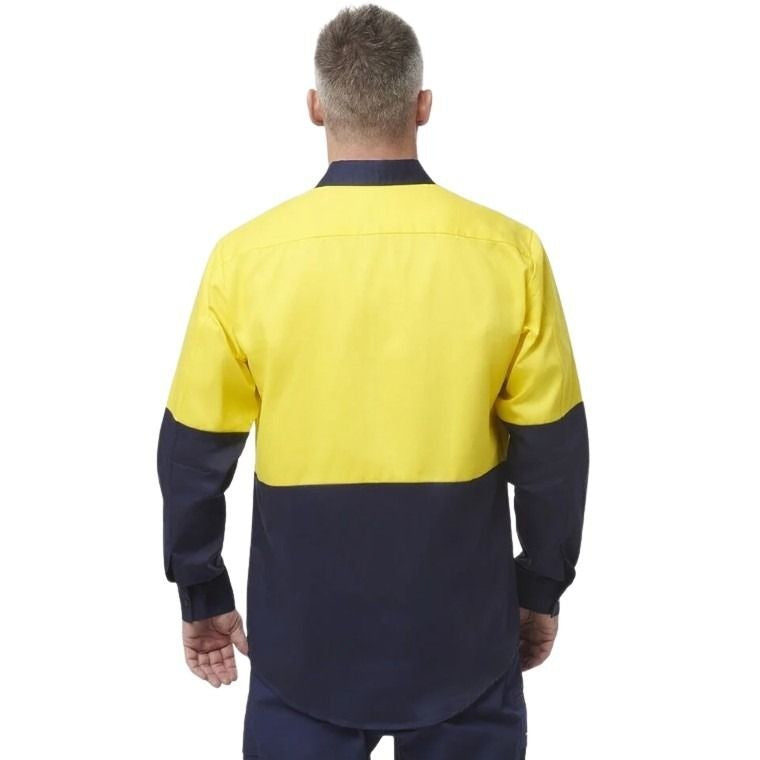 yellow and navy spliced shirt on white background with two pockets