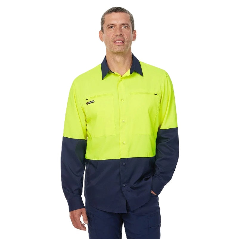Man wearing a high-visibility shirt with navy accents on a white background