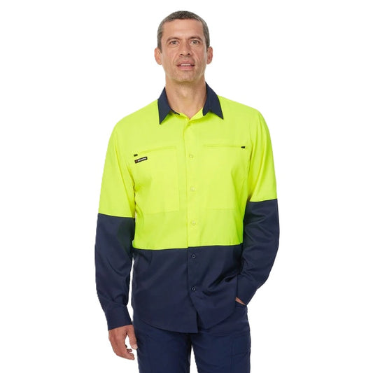 Man wearing a high-visibility shirt with navy accents on a white background