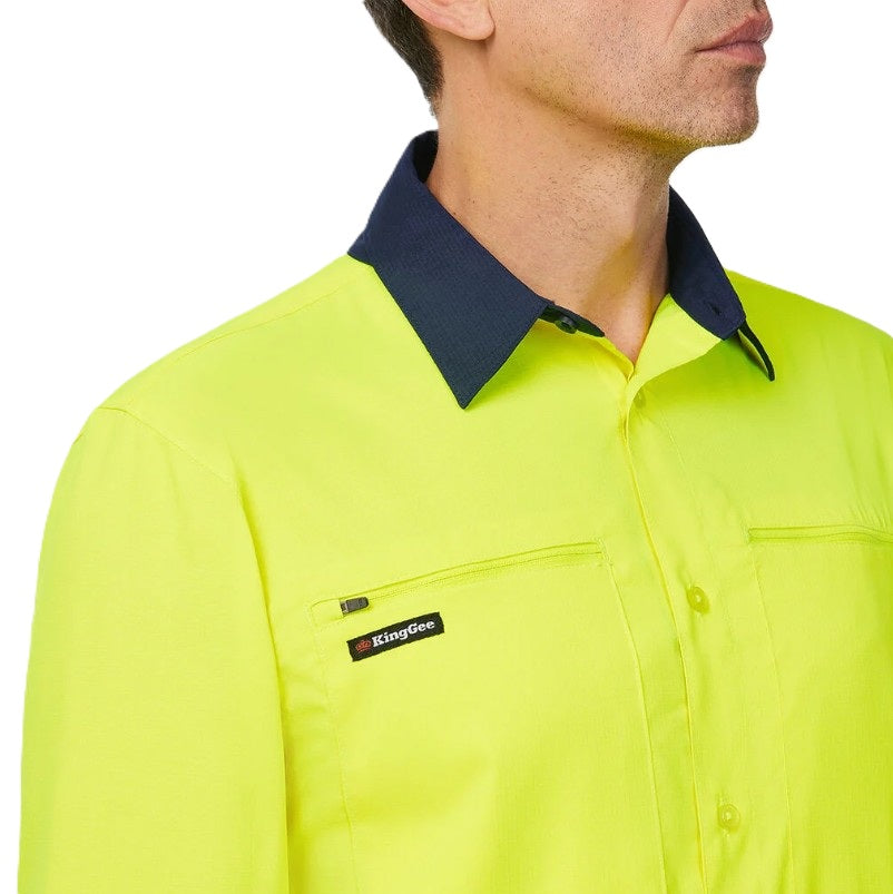 Yellow work shirt with navy collar and King Gee logo on a white background