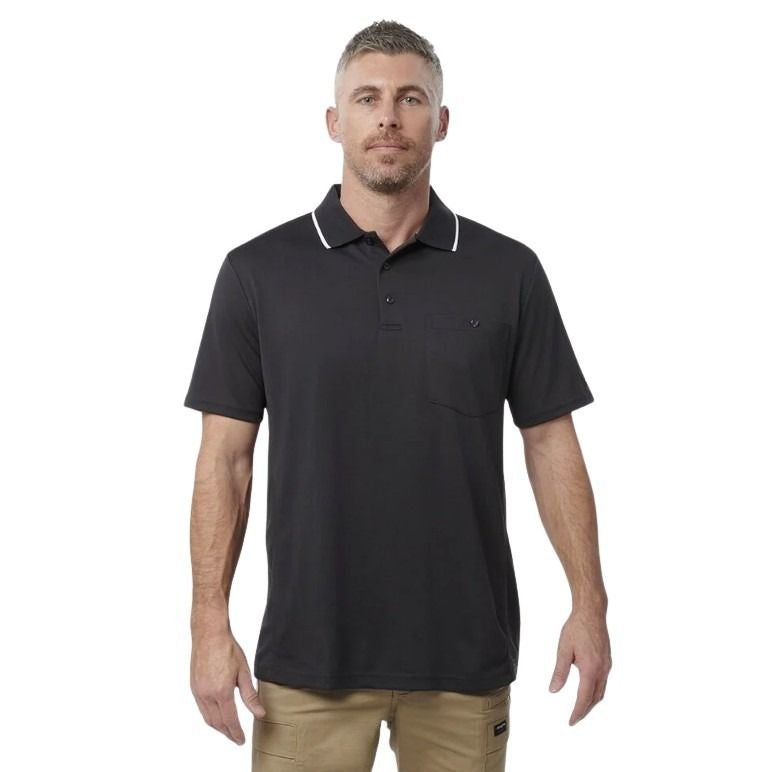 man wearing a charcoal polo with white edge on collar one pocket and button down on white background.